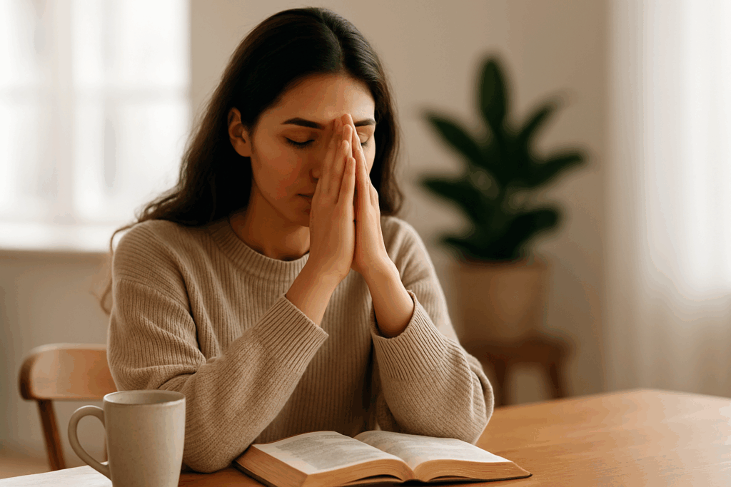 Mulher serena trabalhando em um caderno de planejamento enquanto reflete e ora transmitindo equilíbrio entre vida profissional e espiritual.
