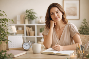 Mulher pensativa com a agenta e uma caneta