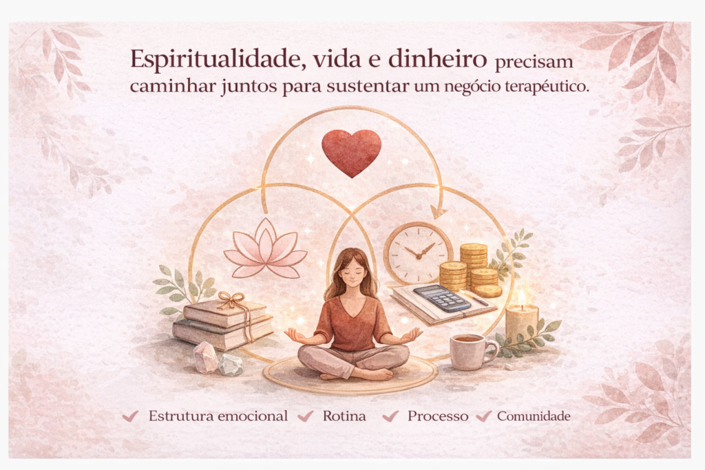 Negócio terapêutico sustentável com equilíbrio entre espiritualidade, rotina estruturada, processo e estabilidade financeira.