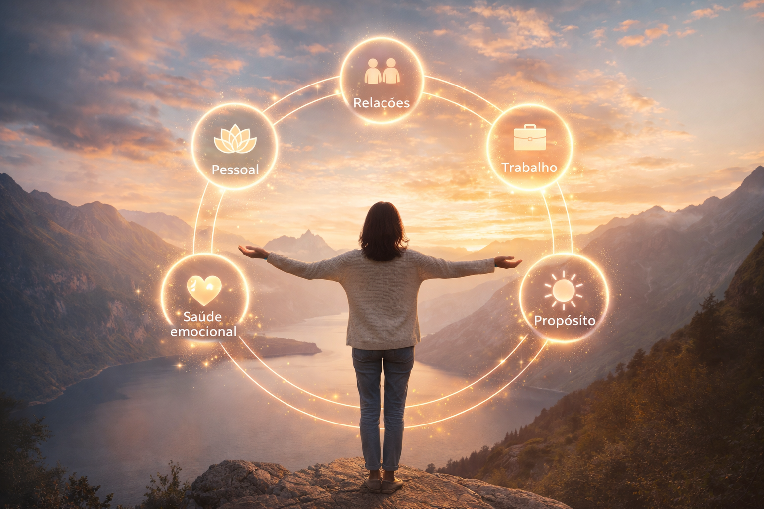 mulher refletindo e agradecendo sobre equilíbrio na vida e propósito
